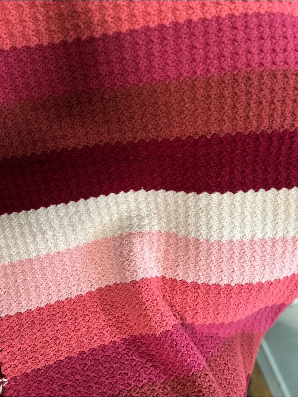 Vintage Handmade Crochet Afghan Throw Pink Burgundy Fringe 47x53